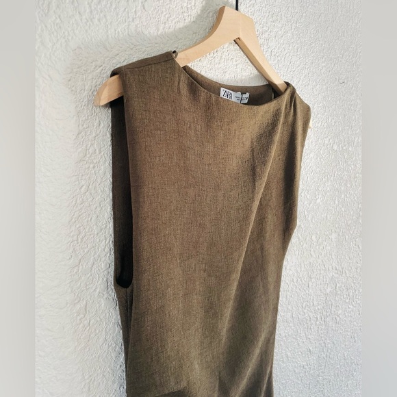 Zara Brown / Army Green Ruched Side Fitted Midi Cocktail Dress NWT - Picture 3 of 16